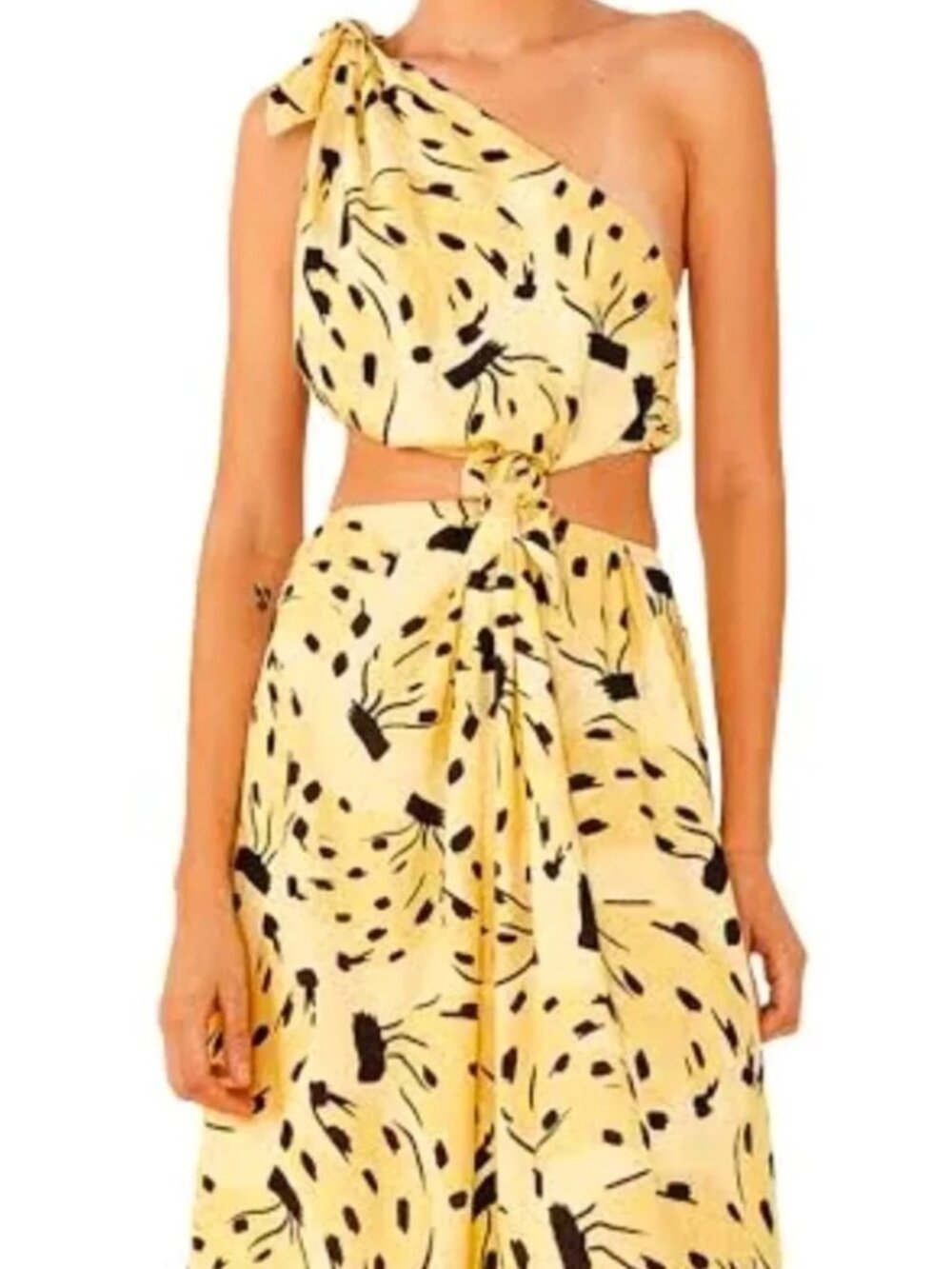 FARM Rio Yellow One-Shoulder Cutout Knot-Front Printed Dress